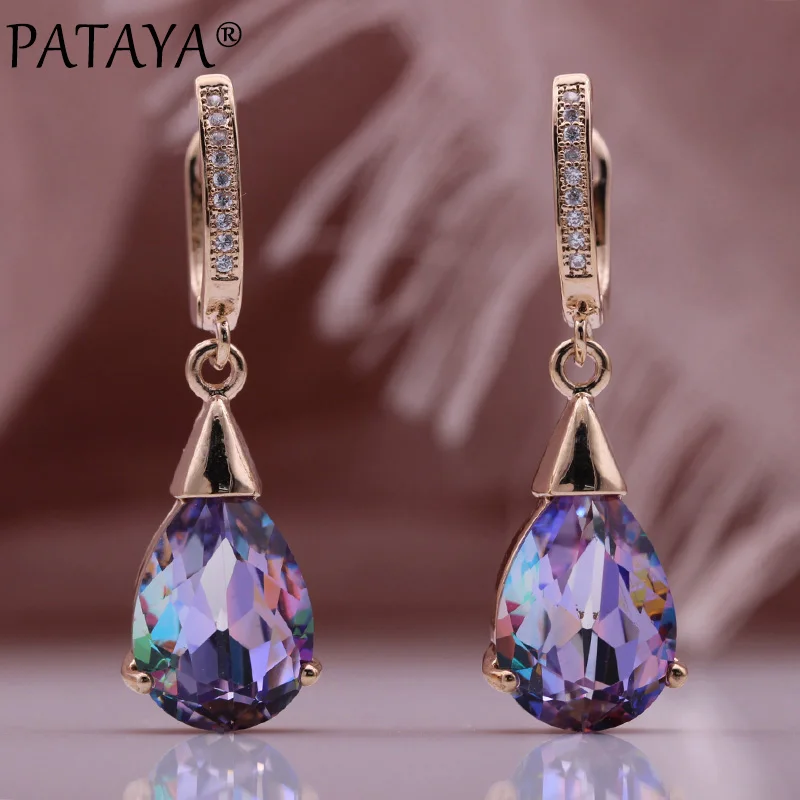 PATAYA New Trend Water Drop Natural Zircon Long Earrings 585 Rose Gold Color Women Dangle Earrings Romantic Gift Fashion Jewelry