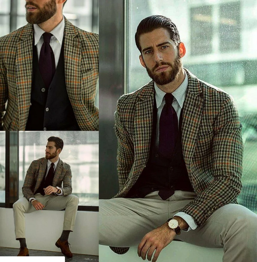 Houndstooth Tweed Three Piece Suits Men's Formal Dogtooth Two Buttons Notch Lapel Windowpane Tuxedos British Style