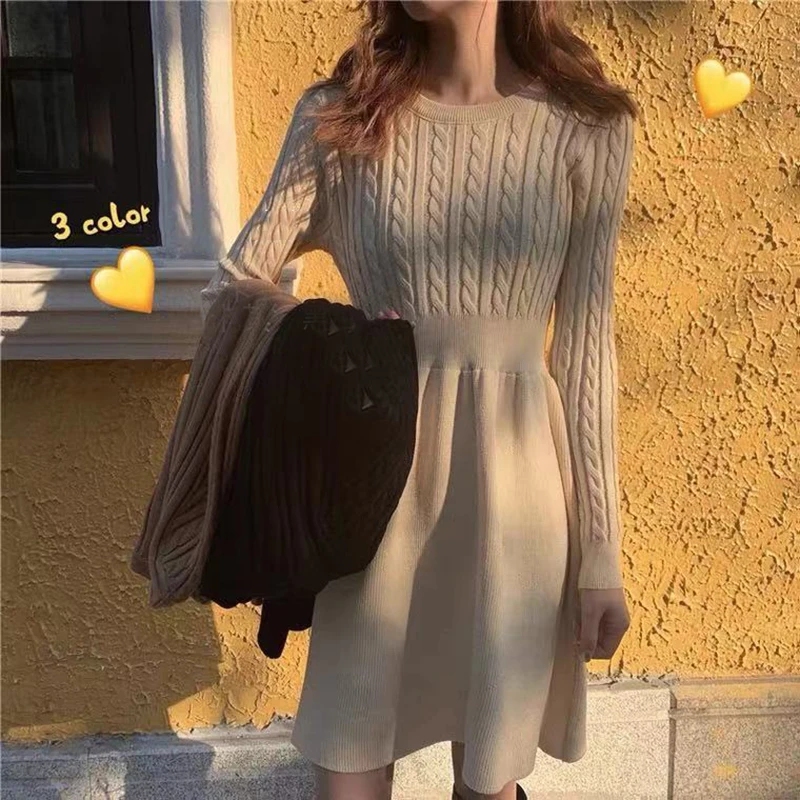 Korean Sweater Dress Women Autumn Winter O Neck Long Sleeve Knitted Mini Dress Casual Dress Female Vestidos