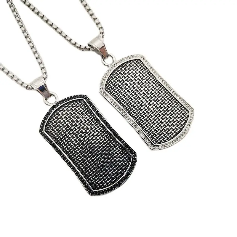 Vintage Silver Stainless Steel CZ Stones Dog Tag Pendant Necklace Embossed Weaveing Pattern Tags Hip Hop Mens Punk Necklace