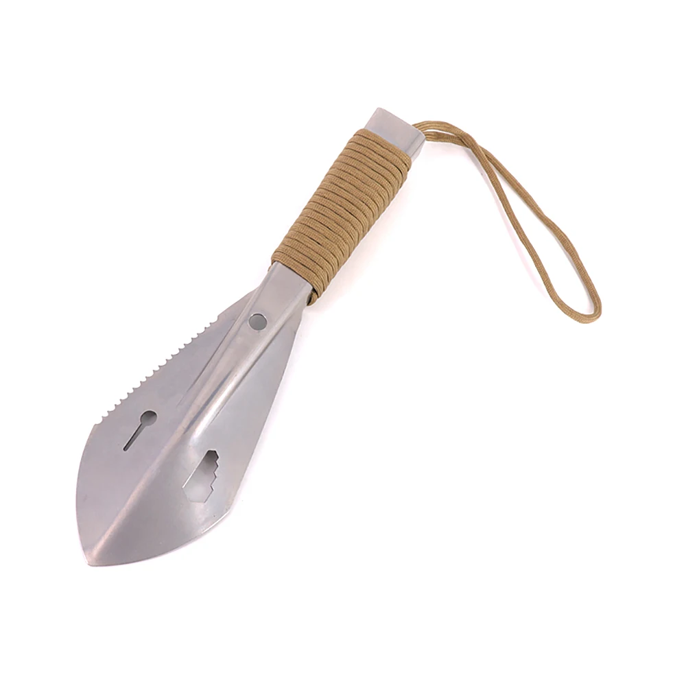 Outdoor Camping Survival 7-in 1 Stainless Steel 420 Garden Multifunctional Mini Shovel with Rope Handle Carrying Pouch