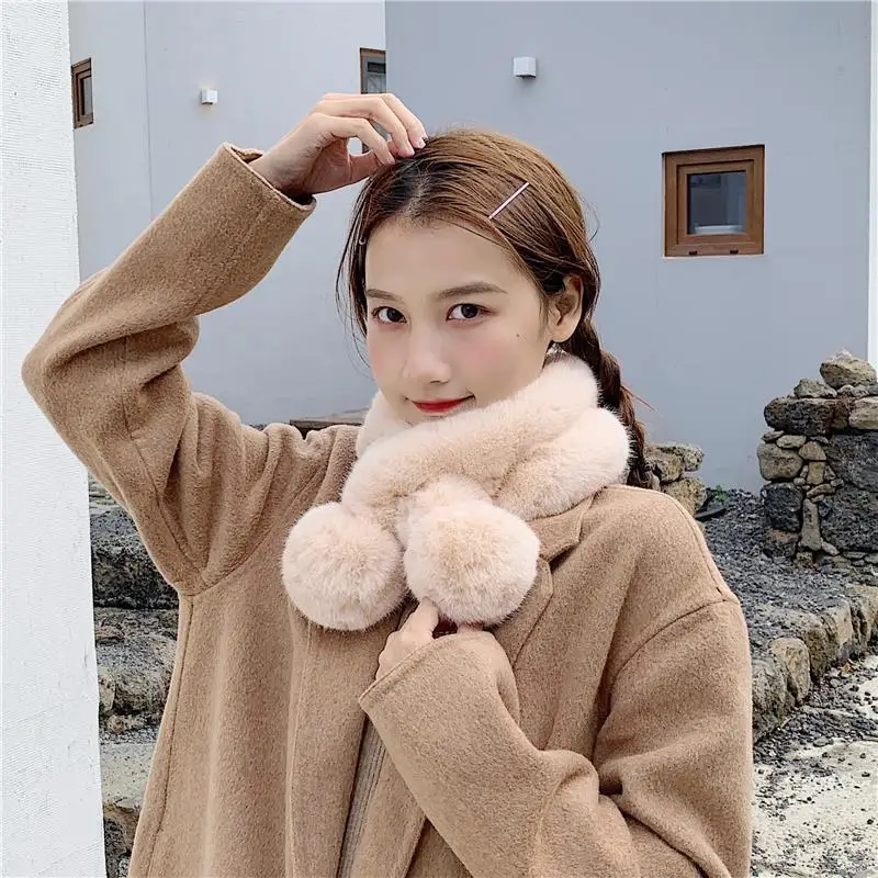 Furry Female Scarf Winter Korean New Faux Fur Cross Ball Bib Scarf Rabbit Fur Net Red Warm Fur Collar Snood Enfant Scarf Women