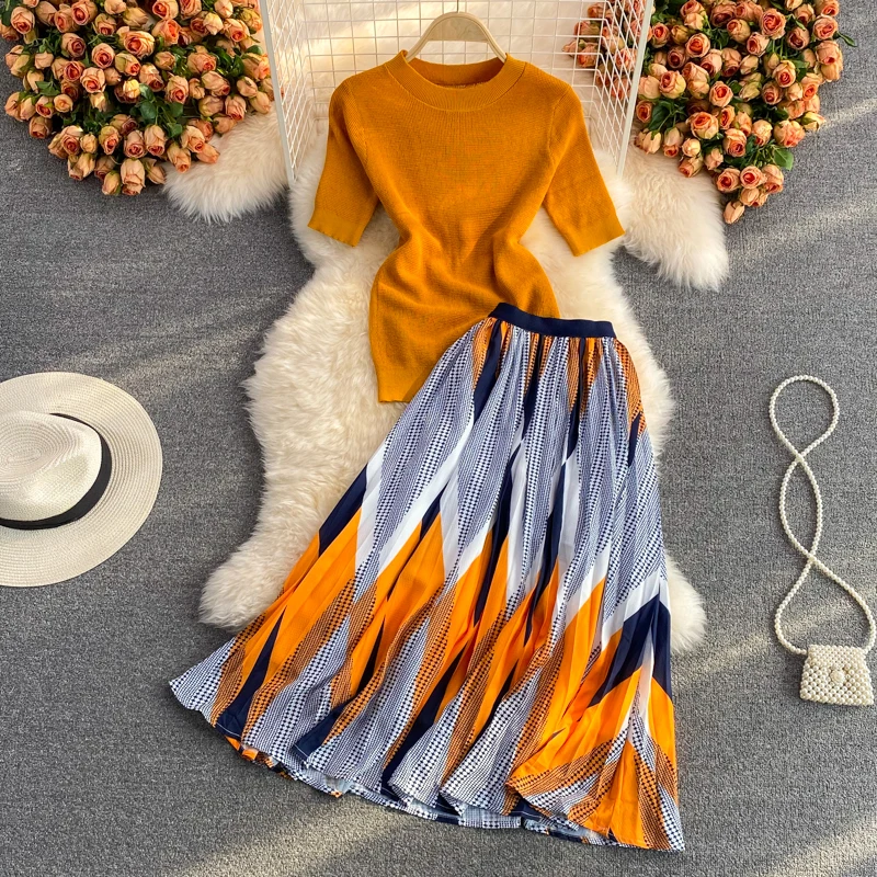 

Pinkou Women Elegant Orange Blouse Set Short Sleeve Knitted Shirt Elastic Waist Midi Skirt Summer Two Piece Set Mujer TZ33