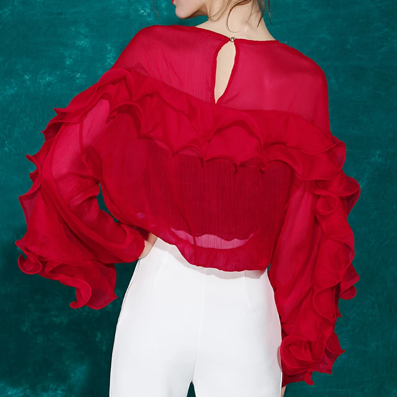 Ladies Sheer Ruffles Bat Sleeve Top Women Red White O-neck Loose Shirt Feamel shirt and Blouses Spring Summer Chic INKEO YT819