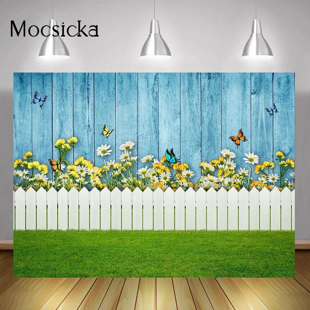 Spring Scenery Photography Backdrop Flowers Butterfly Green Grass Background Spring Blue Wooden Wall White Fence Photo Studio