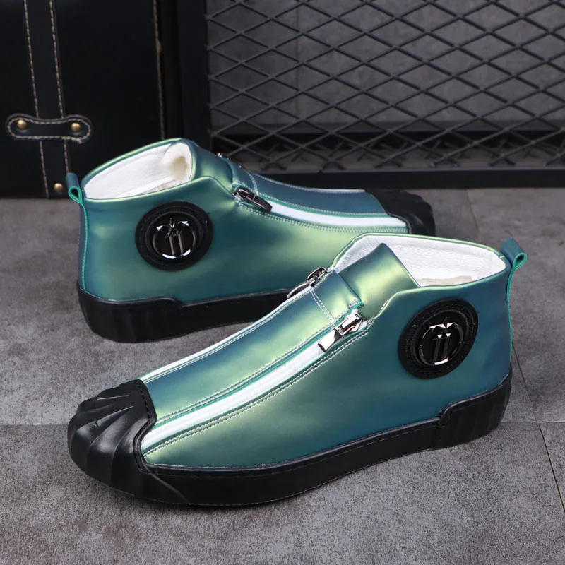 Verde tênis de rua do punk estilo britânico casual tornozelo botas homens alta superior zíper fundo preto sapatos plataforma plana para o sexo