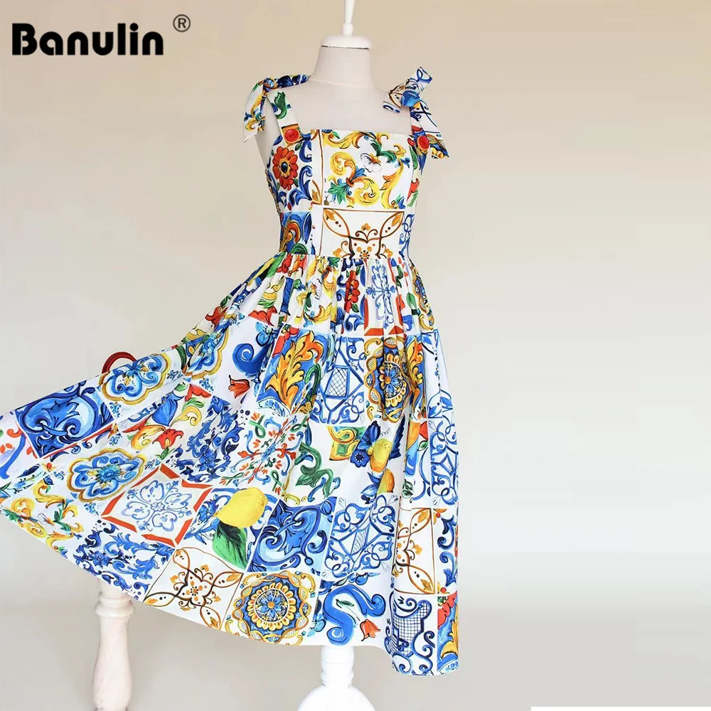 Runway Boho Summer Dress 2021 Women\'s Bow Spaghetti Strap Backless Blue and White Porcelain Floral Print Midi Dress Robe N7251