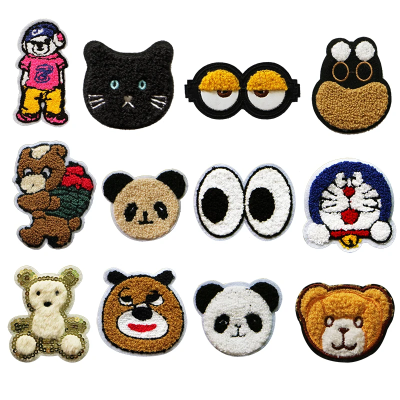 Asciugamano ricamato con paillettes ciniglia simpatico cartone animato orso occhio Panda Patch distintivo animale decalcomania abbigliamento