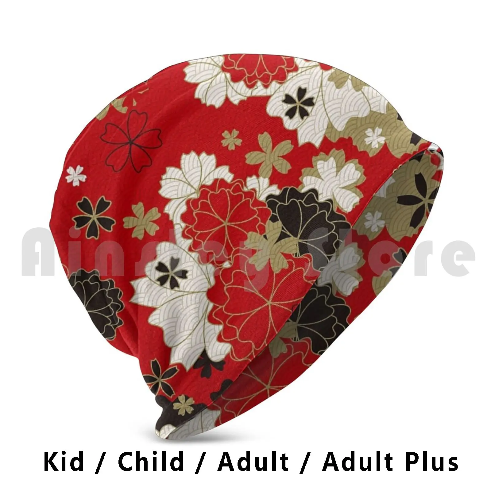 

Red Floral Beanie Hedging Cap DIY Print Cushion Black White Red Gold Pattern Flowers Cherry Blossums Japanese Asian Design
