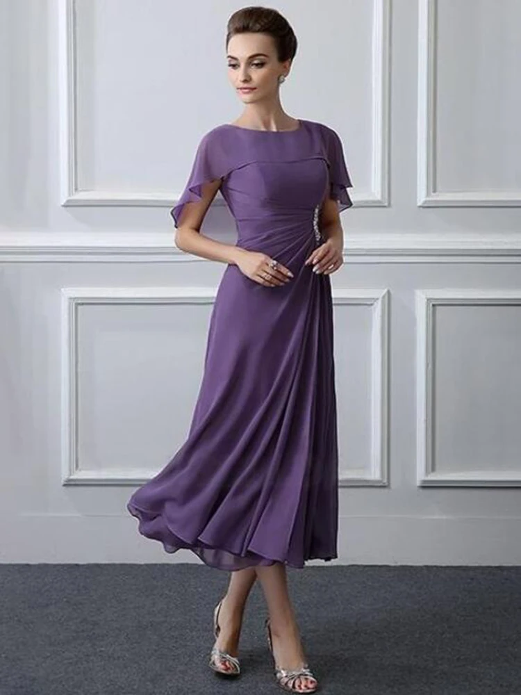 2022 New Latest Affordable Purple Tea Length Chiffon Mother of the Bride Dresses Jewel Neckline Wedding of Groom Gowns Beaded