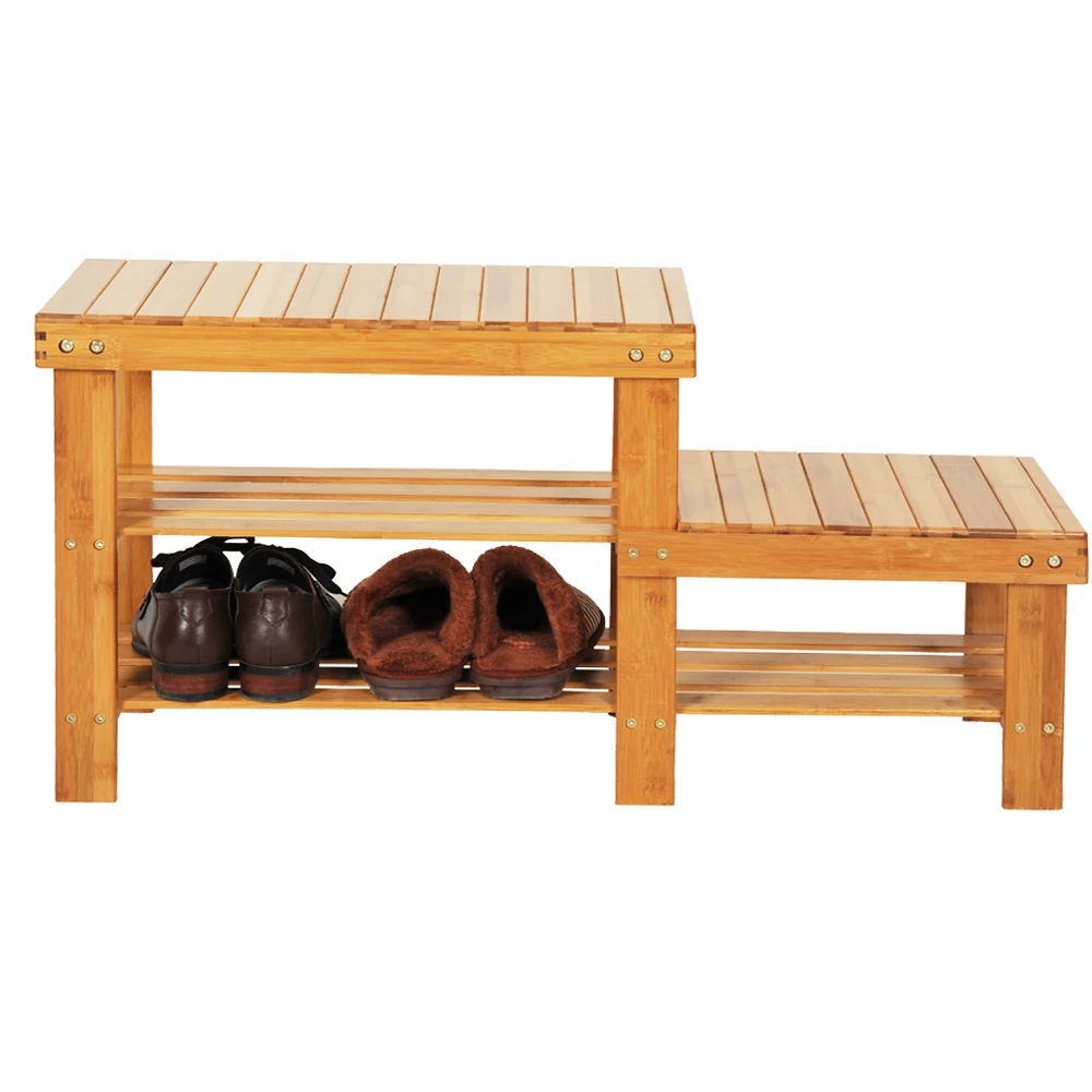 

90cm Strip Pattern Tiers Bamboo Stool Shoe Rack for Kids Wood Color Home Standing Space-saving Stand Holder Shoes Organizer