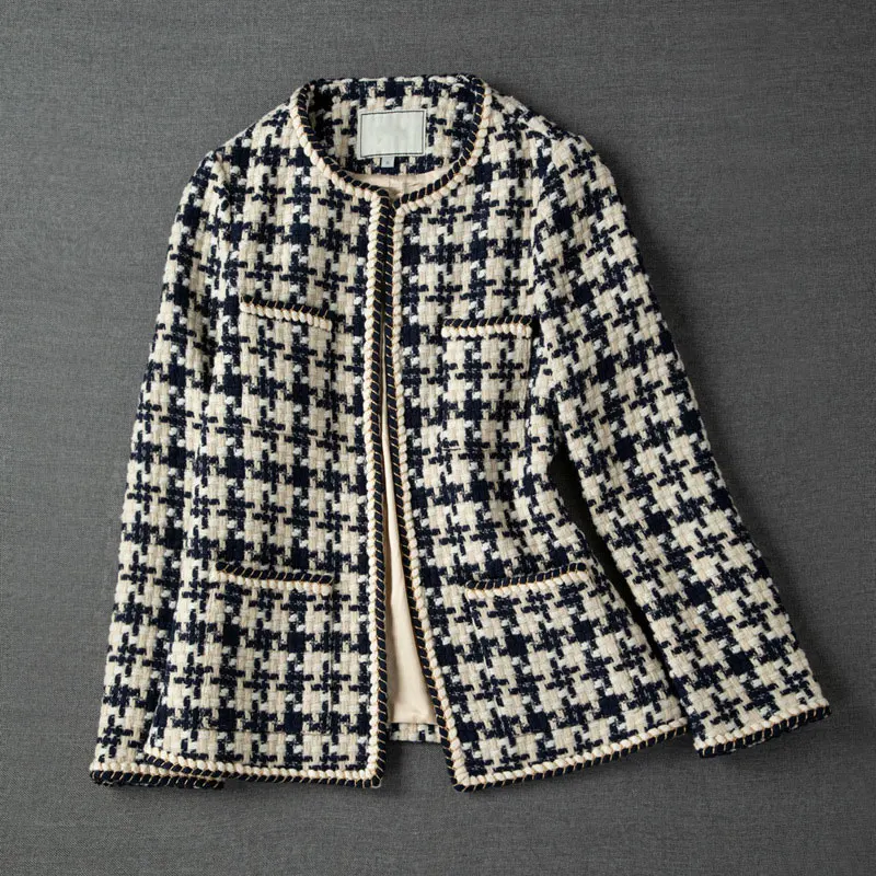 GACVGA 2023 Elegant Weave Plaid Women Blazer With Pocket And Lining Autumn Winter Causal Tweed Coat Office Ladies Suit Jacket