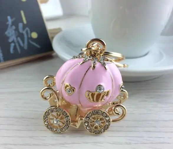 Lovely Pumpkin Carriage Crystal Pendant Charm Purse Handbag Car Keyring Keychain Party Birthday Gift Pink White Colors