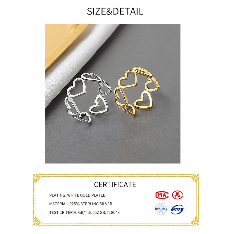 Prawdziwe 925 srebrny geometryczny serce hollowout regulowany pierścień minimalistyczny Fine Jewelry dla kobiet Party prezent