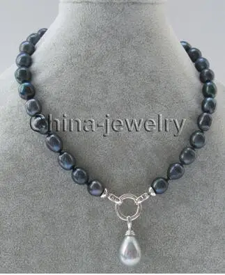 

Hot sell -@@ 18" 10-11mm black baroque freshwater pearl necklace + 16mm gray shell pendant