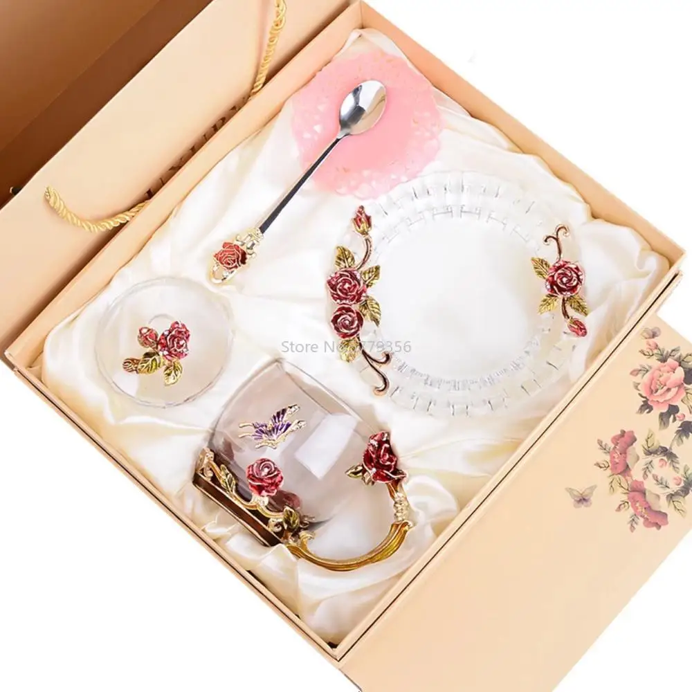 Hand-made Enamel Crystal Cup Glass Coffee Mug Gift Box Tea Cup and Mugs High-grade Glass Cup Couple Mug Lover Wedding Gift