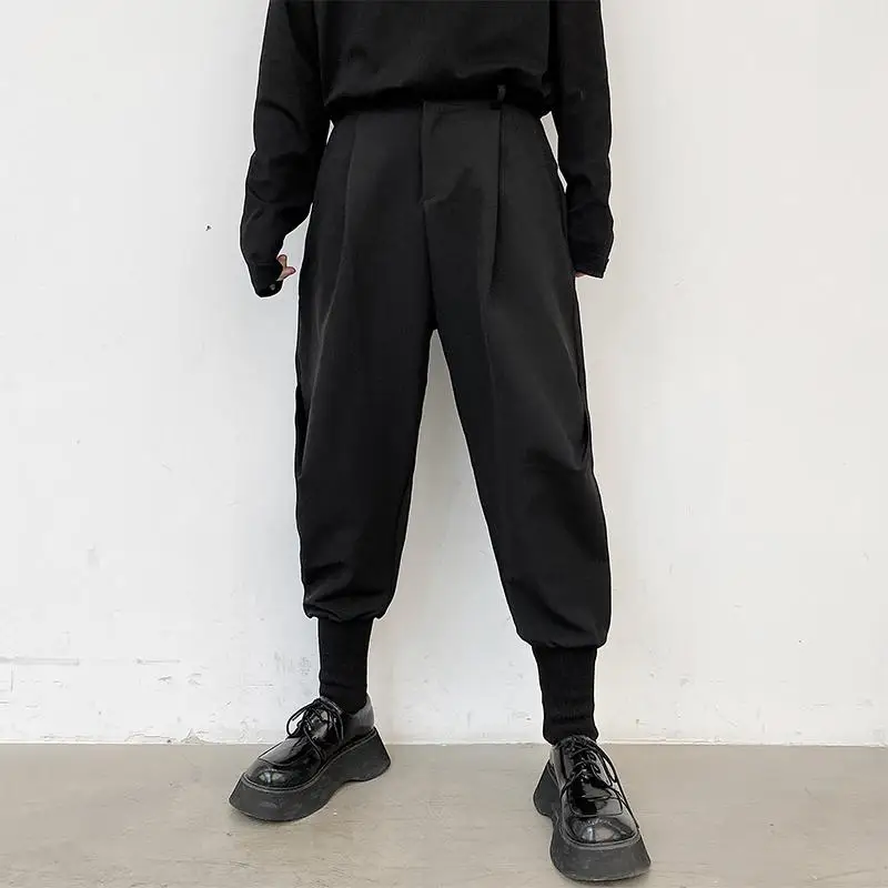 Calça do harém de cintura elástica cônico preta masculina, calça masculina algemada, roupas superdimensionadas de hip hop, moda