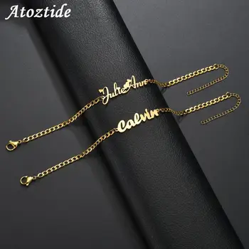 Atoztide-pulsera personalizada con nombre, Charms de acero inoxidable hechos a mano, cadena cubana, grabado, escritura a mano, brazalete NK, regalo