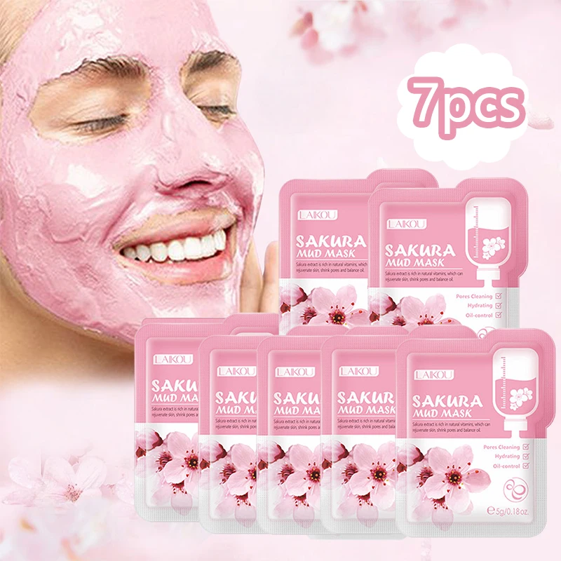 7 stücke Japan Sakura Schlamm Gesichts maske Tiefen reinigung entfernen Mitesser Öl kontrolle Ton maske Feuchtigkeit packungen Gesichts pflege