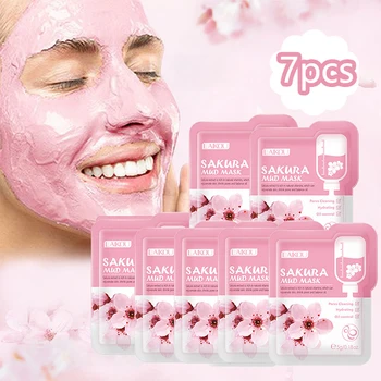 7pcs ญี่ปุ่น SAKURA Mud Face Mask ทําความสะอาดลึกลบสิวหัวดํา Oil-Control Clay Mask Moisturizing Packs Facial Skin Care