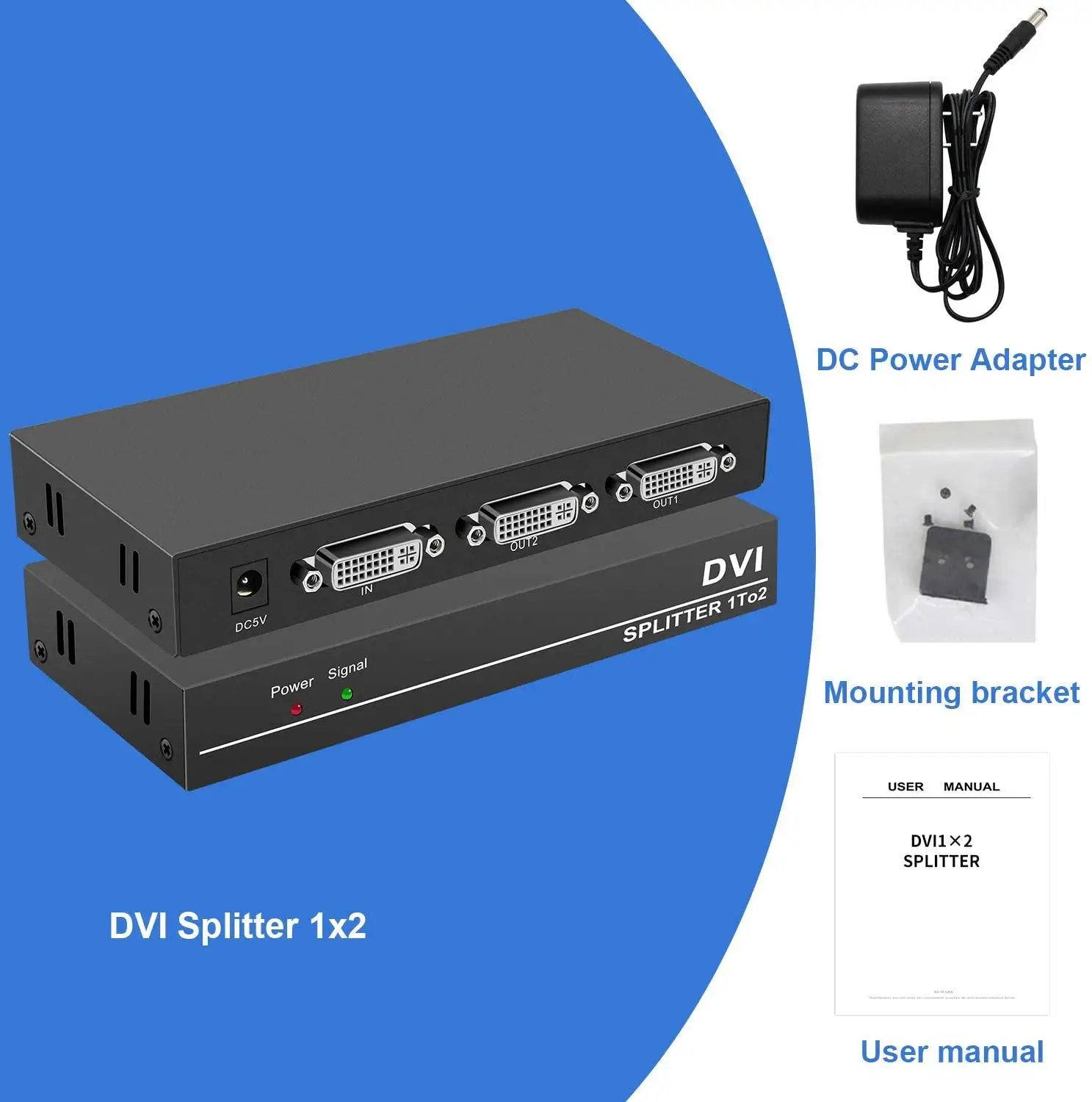 DVI 분배기 1x2 DVI 1 in 2 Out 2 포트, DVI 분배 복사기 분배기 지원 4K @ 30Hz 자동 복사 EDID