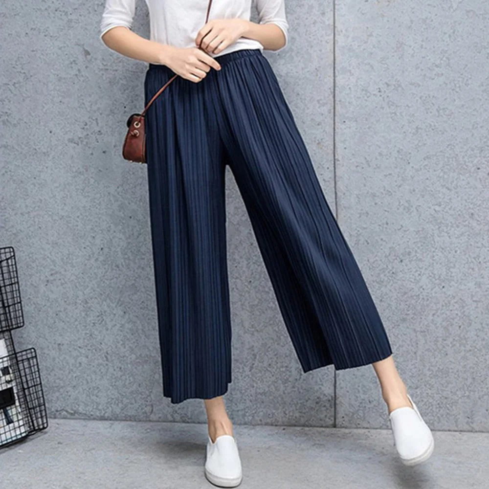 Female Fold Pleated Pants Summer Spring Black Casual Loose Elastic Waist High Pleated Wide Leg Women Chiffon Loose Pants