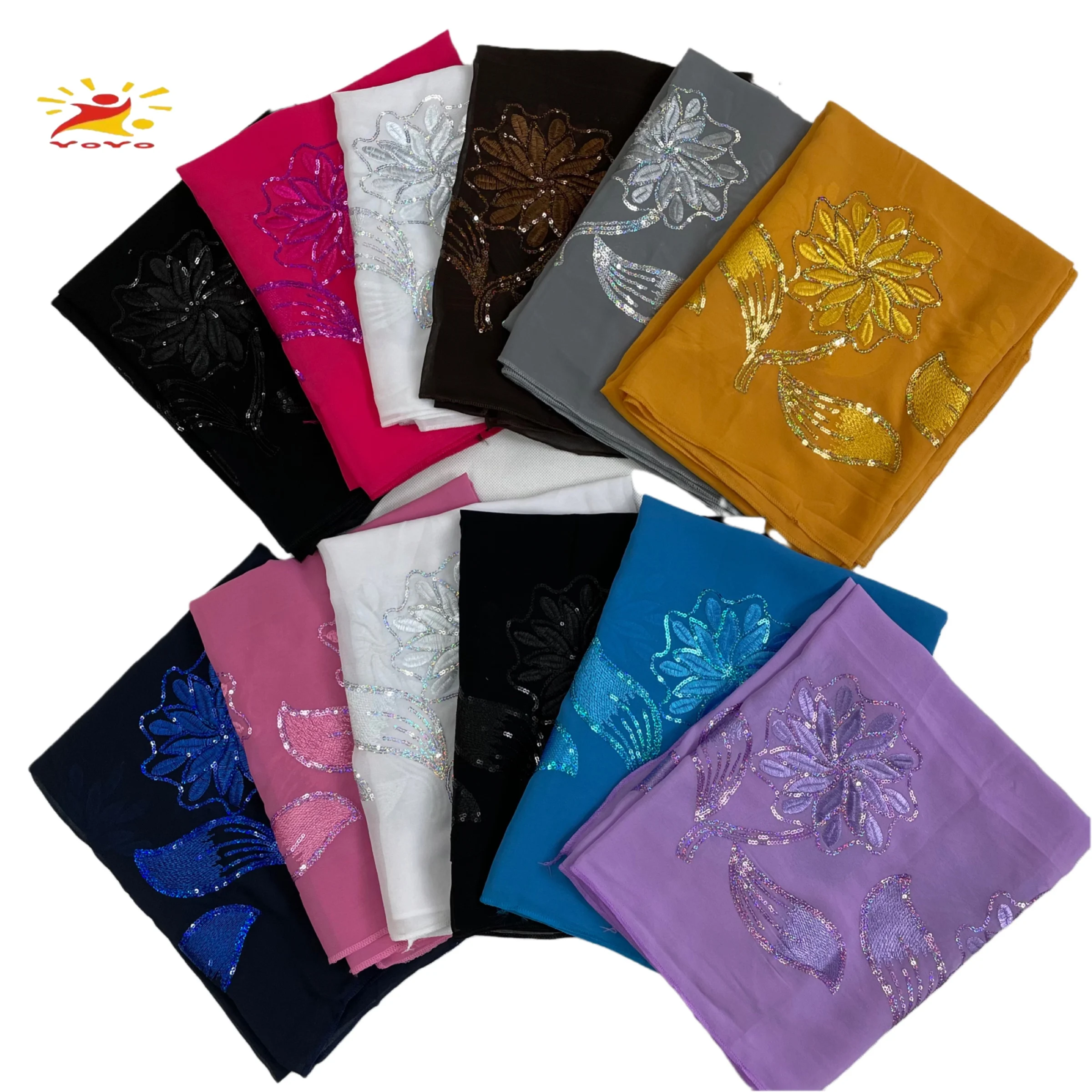 2022 TheLatest Dubai Hijab African Muslim Women's Scarf  Premium Sequin Embroidery Chiffon Soft Fabric Islamic Cover