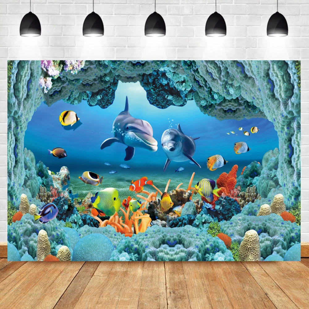 Laeacco Đại Dương Dưới Nước Phong Cảnh Cá Heo Vật Có Hoa Bé Đảng Nhiếp Ảnh Backdrop Tùy Chỉnh Chụp Ảnh Nền Studio Chụp Ảnh