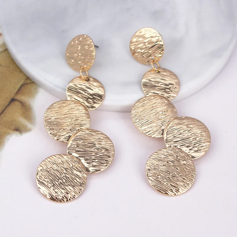 Europe and America Exaggerated Disc Round Coin Drop Earring for Women Vintage Long Uneven Drawing Wafer Metal Ear Jewelry