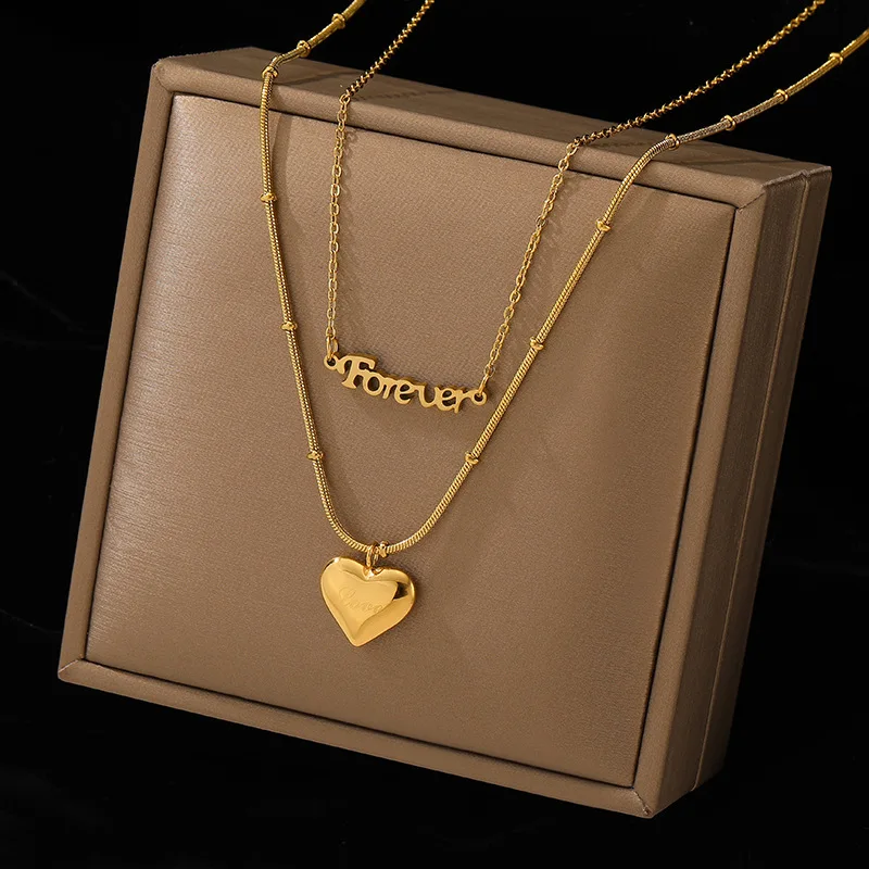 316L Stainless Steel New Fashion Upscale Jewelry 2 Layer Forever Love Charms Beaded Chain Choker Necklaces & Pendants For Women