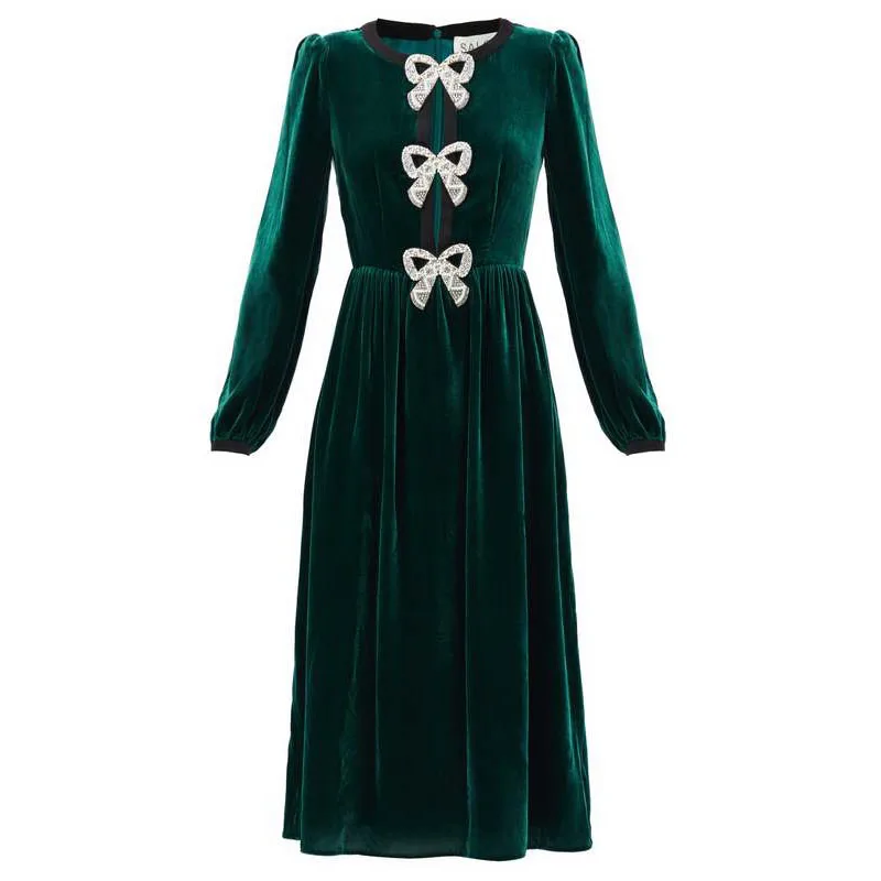 High Quality Newest Nice Designer Runway Dresses Women\'s Elegant Long Sleeve  Beading Bow Velvet Long Dress