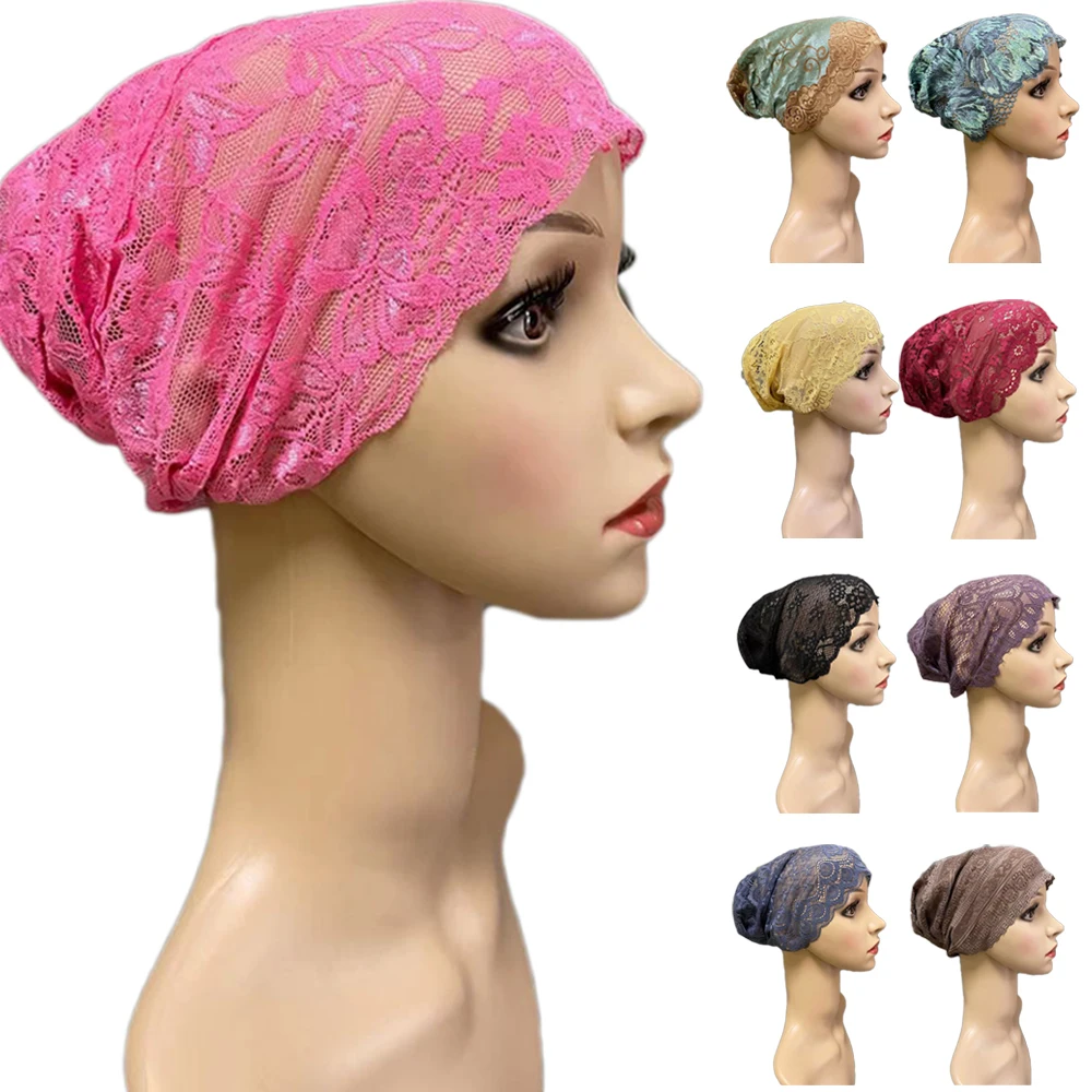 

Women Hat Muslim Hijab Floral Lace Stretch Turban Cap Islam Arab Beanies Chemo Hat Headwear Hijab Ramadan Inner Cap Underscarf