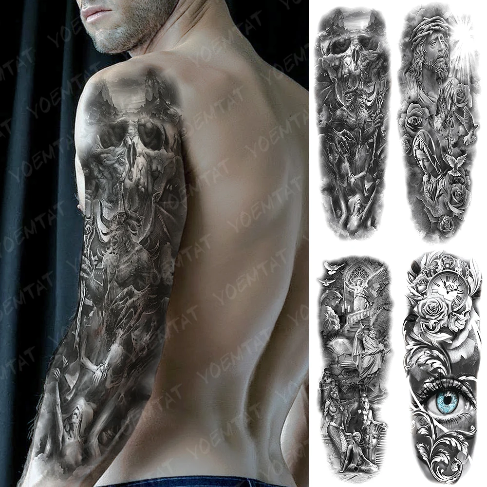 

Large Arm Sleeve Tattoo Hell Devil Satan Lucifer Waterproof Temporary Tatto Sticker Praying Angel Body Art Full Fake Tatoo Men