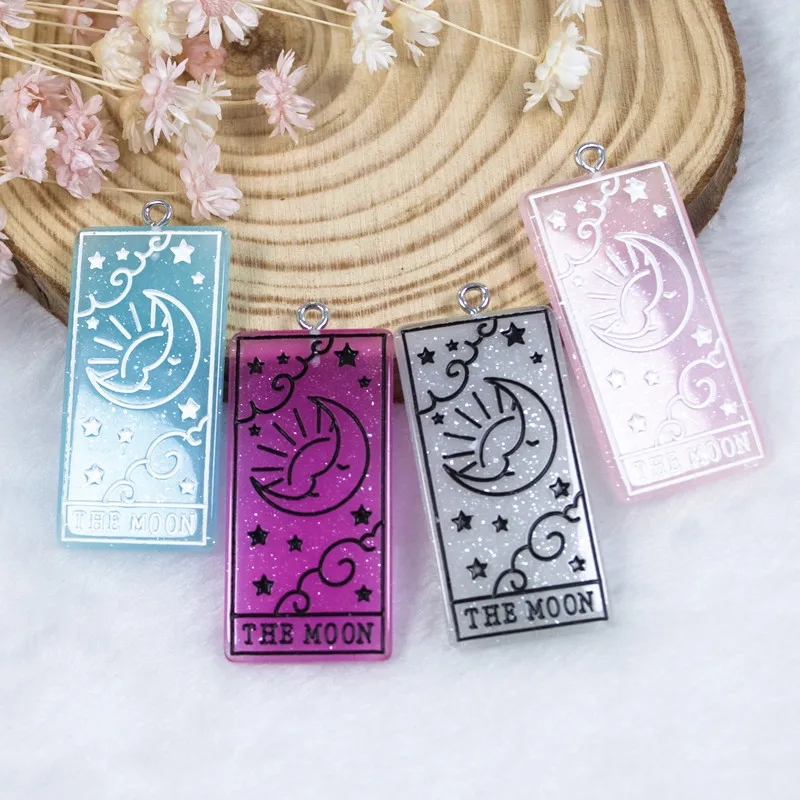 10Pcs 39*19MM  Moon Tarot Charms Flatback Resin Cabochons Glitter Accessory for  Necklace Pendant DIY