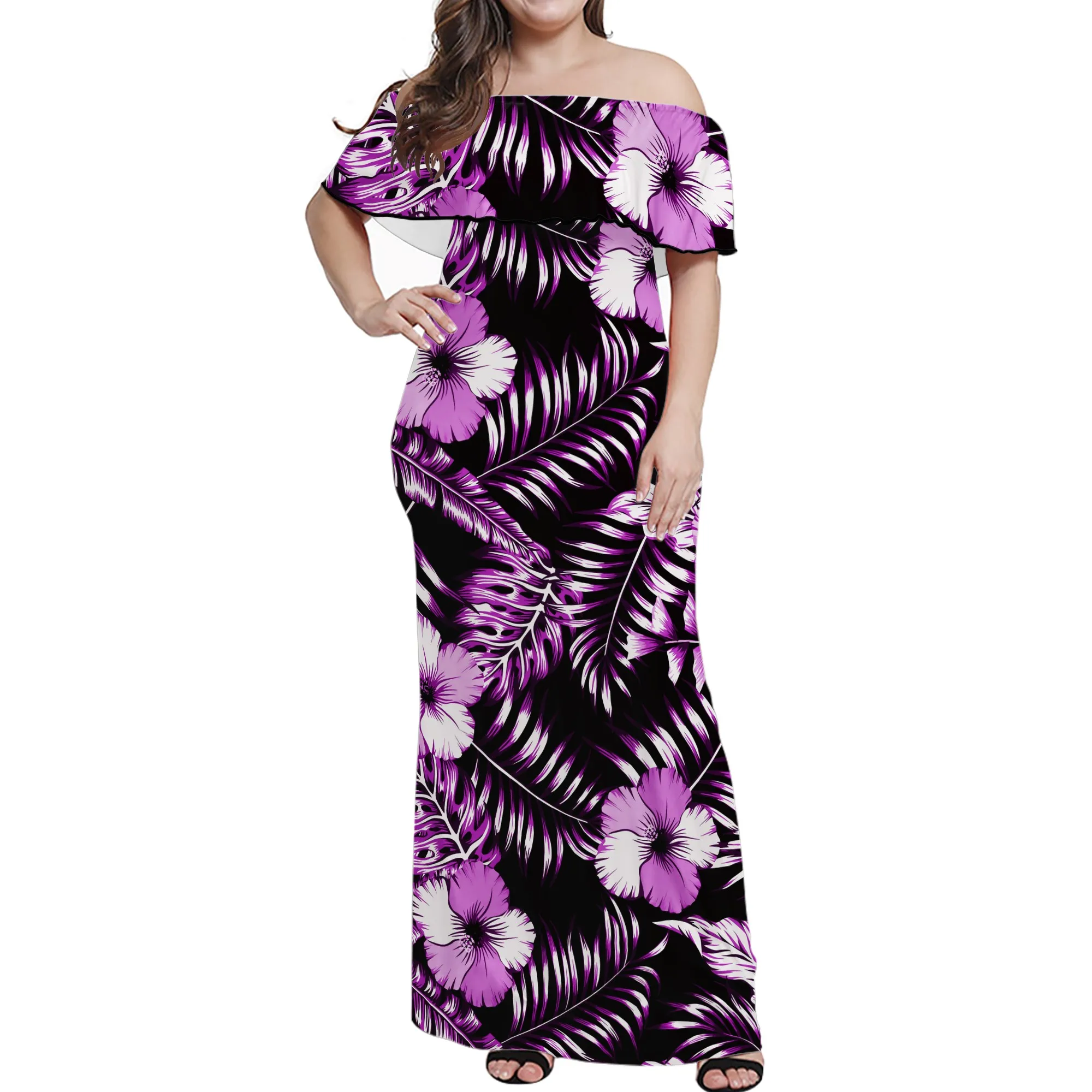 Dropshipping Polynesian Samoan Tribe Gradient Dress Printed Lotus Strapless Long Dress Print On Demand Ladies Sexy Summer Dress