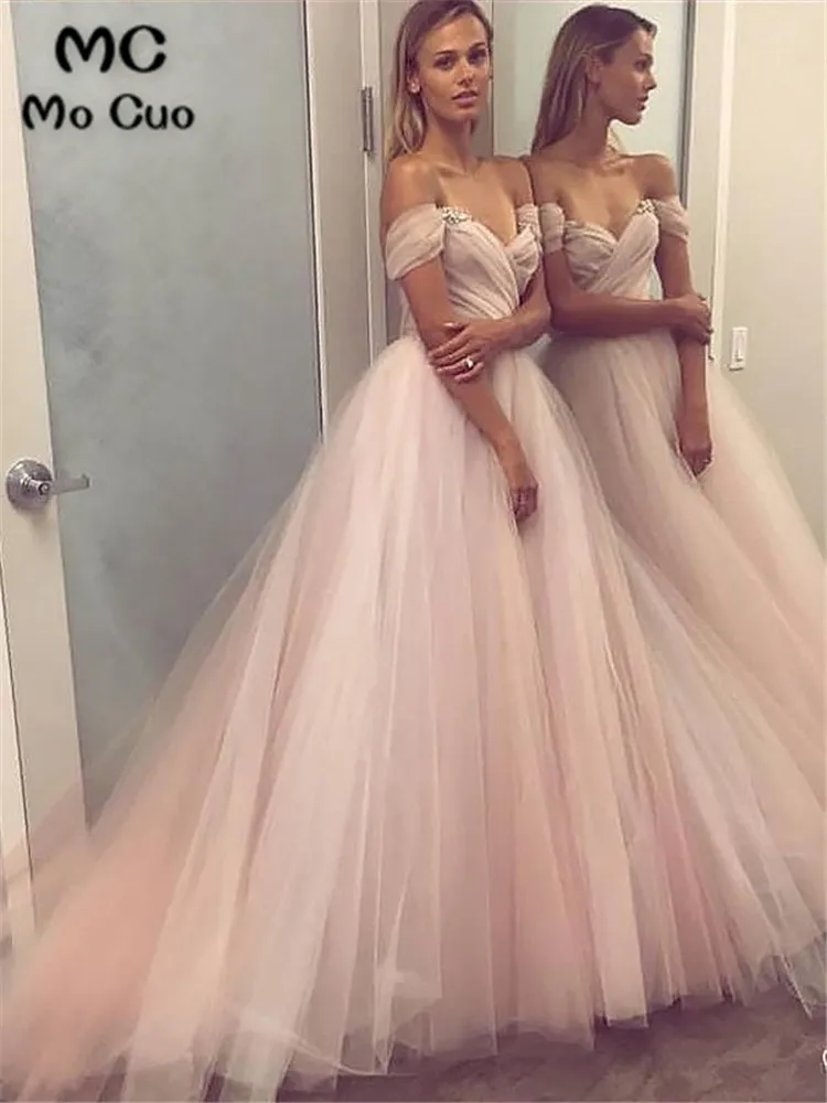 

Blush Pink Puffy Evening Party Dresses Off the Shoulder Prom Gown Deep V-Neck Gowns For Teens Sweep Train Tulle Evening Dresses