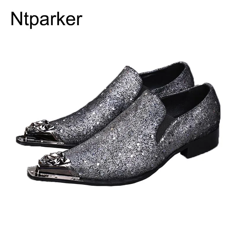 ntparker Grey Shinning Rhinestones Men's Dress Shoes Genuine Leather Pointed Metal Toe Party POP Shoes Men, EU38-46!