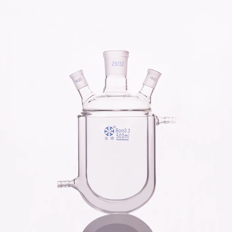 

Double-deck cylindrical three oblique necks round bottom flask,500ml,Mid 29/32,Side 14/23,Mezzanine jacketed reactor bottle