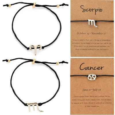 Libra Cancer Virgo Gemini Leo Aries Pisces Taurus Pisces Black Rope Zodiac Women Bracelet Men\'s Bracelets Couple Bangle Gift