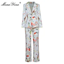 MoaaYina Fashion Designer Suit Spring Women Long sleeve Single Button Suit Tops+Floral Print Pocket trousers Two-piece set