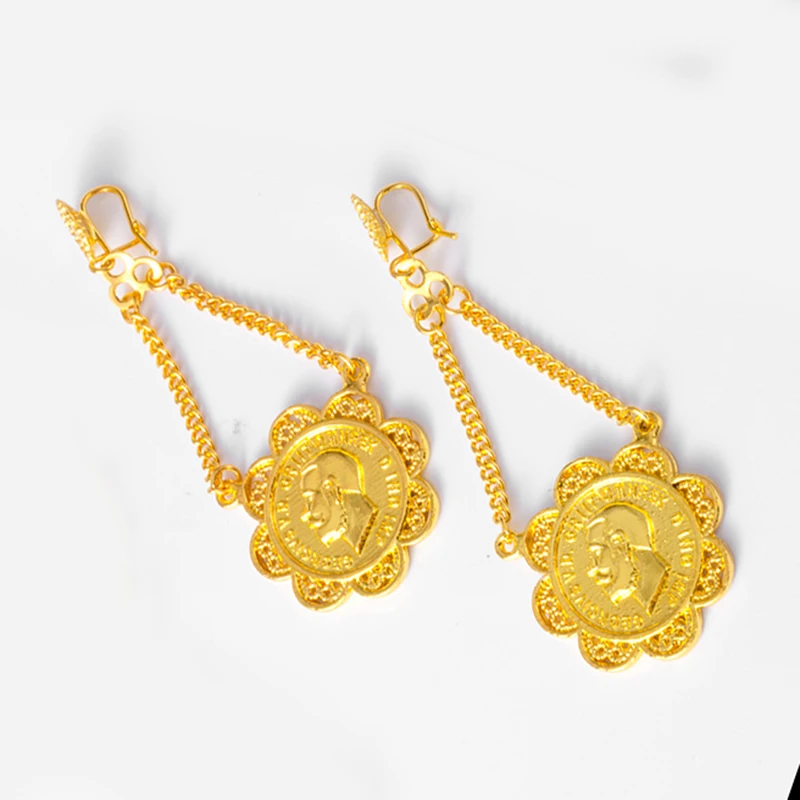 Gold Coin Earrings for Women African Trendy Alloy Earrings Ethiopian Plated Ethnic For Girls Wedding Gift