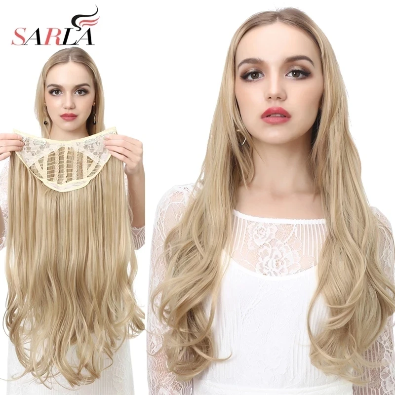 SARLA-extensión de cabello sintético con Clip en U para mujer, postizos de pelo largo, grueso, rizado, Rubio Natural, resistente al calor
