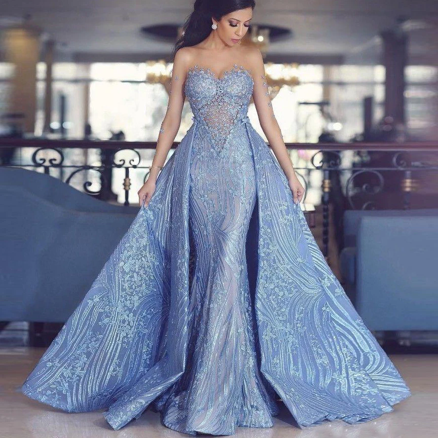 2023 Arabic Mermaid Prom Formal Dresses With Detachable Train Sheer Long Sleeve Evening Gown Lace Appliqued Pageant Party Dress