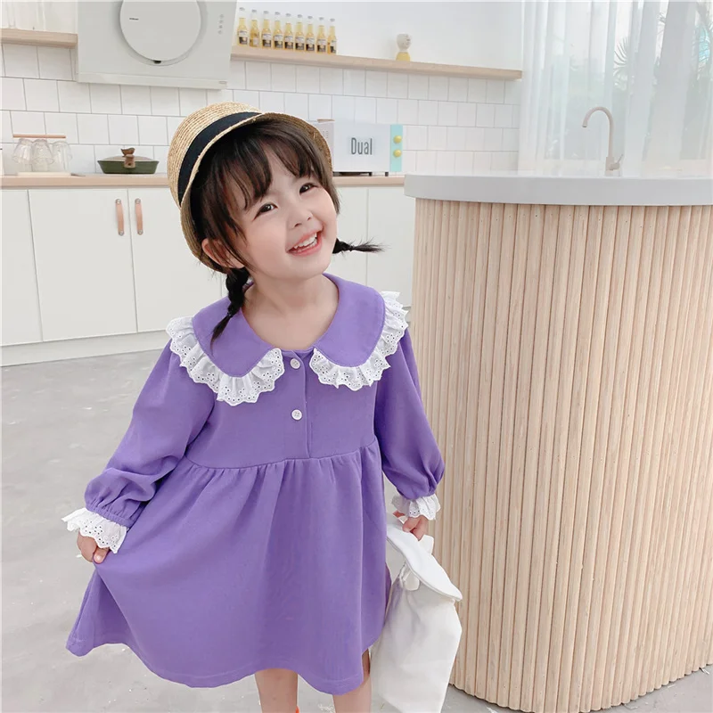 Spring Fall kids dress for girls lace patchwork Korean style cute girls long sleeve turn-down collar party princess dresses