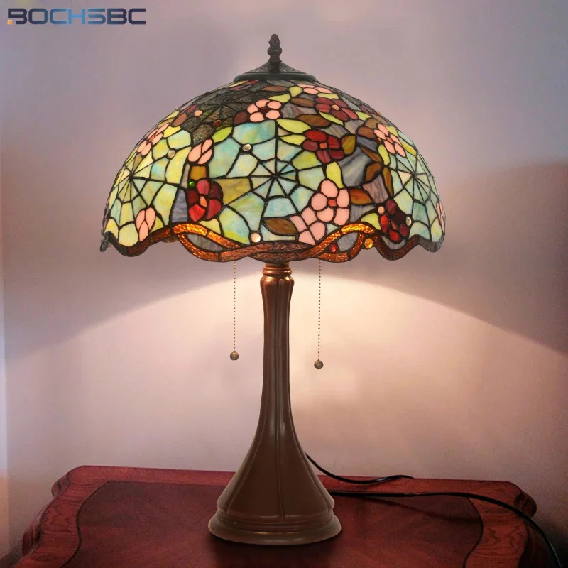 BOCHSBC Tiffany Style Desk Sspider Man Web Stained Glass Lampshade Blue Red Green Peach Flower Table Light Classical Art