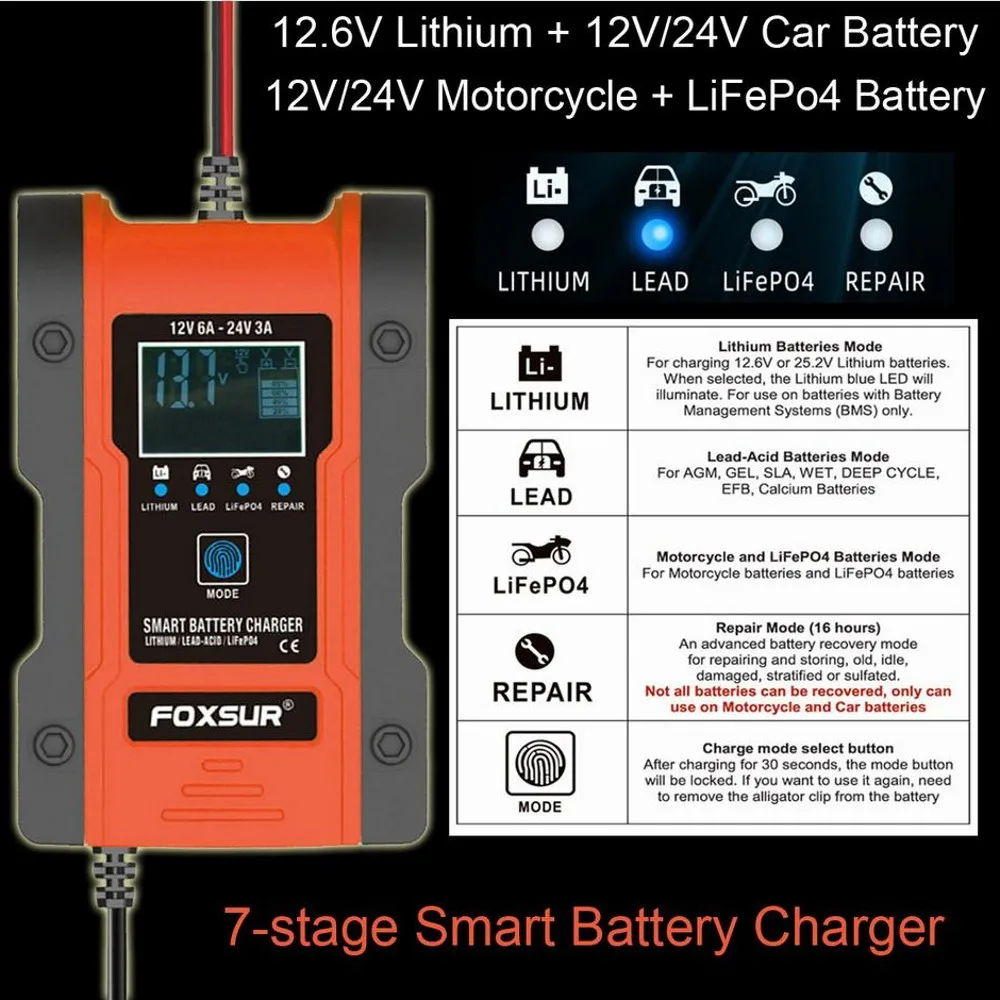 FOXSUR 12V 24V 6A car battery charger pulse repair 7-stage charger for GEL WET AGM 12.6V Lithium LiFePO4 LiPo Battery