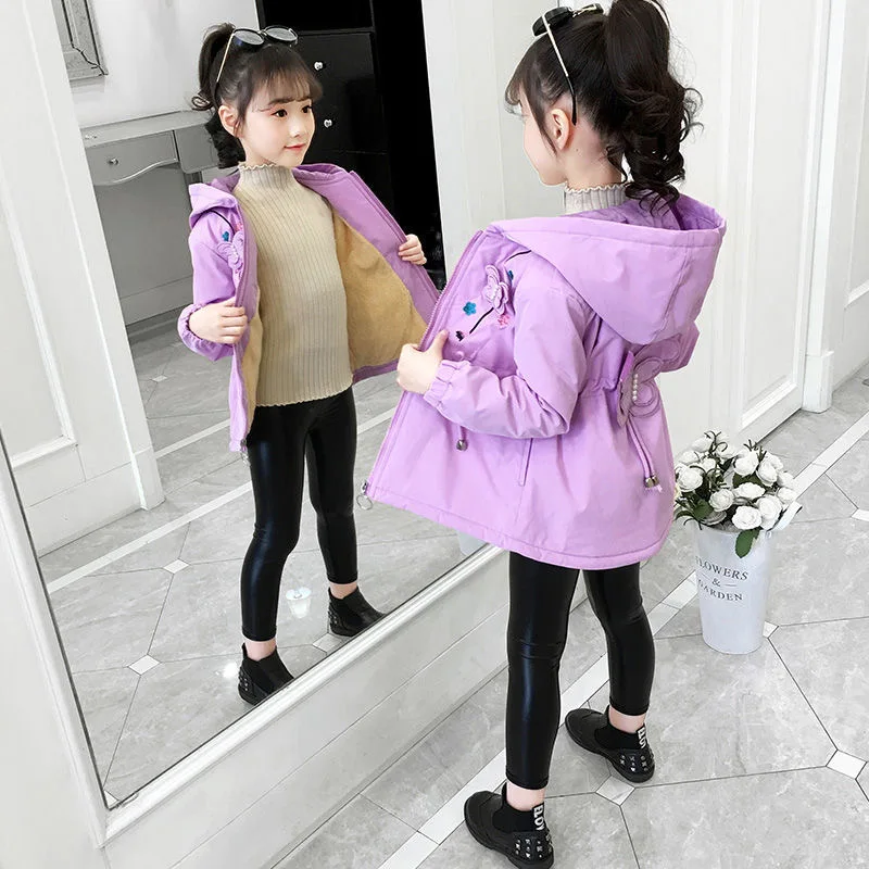 3 4 6 8 10 12 Years Kids Jacket New Autumn Windbreaker Coat For Girls Hooded Outerwear Plus Velvet Warm Winter Children Clothing