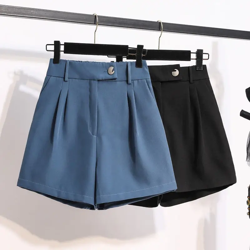 

L-4XL Plus Size Women's Shorts Summer High Waist Slim Wide Leg Shorts Loose Hotpants Black Blue Female Casual Suit Shorts C8008