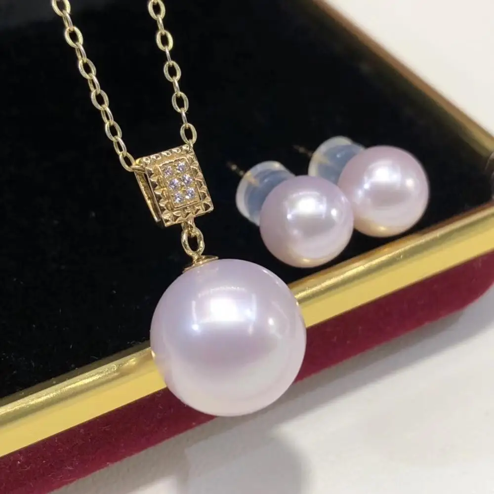 D527 Pearl Set Fine Jewelry Solid 18K Gold Rond 8-12mm Nature Fresh Water Sakura Pink Pearls Jewelry Sets for Women Presents