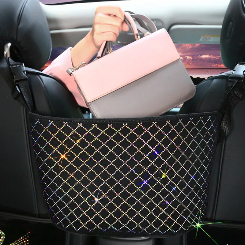 Universal Car Rhinestone Storage Bag Auto Organizer Crystal Leather Car Seat Gap Filler Organizer Car Decor Accessory for Girls